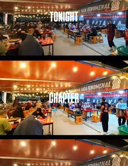 Suasana malam di salah satu Chapter dengan lampu gantung dan bangku oranye